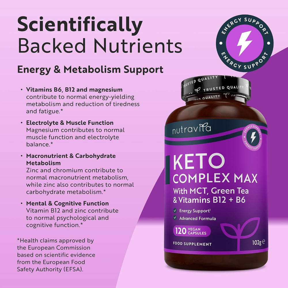 Nutravita Keto Complex Max supplement bottle on a purple background with text about energy and metabolism support.