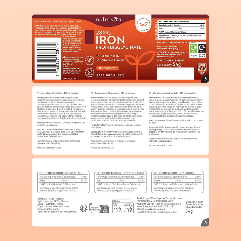Nutravita Iron from Bisglycinate dietary supplement packaging, showing the front label with product details and the back packaging insert on a peach-colored background.