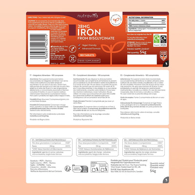 Nutravita Iron from Bisglycinate dietary supplement packaging, showing the front label with product details and the back packaging insert on a peach-colored background.