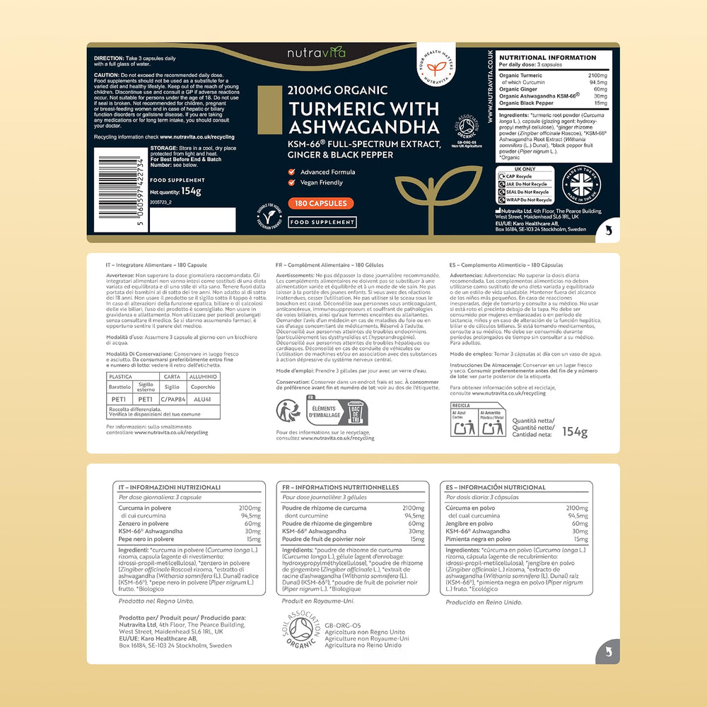 A product information sheet for 'nutra176' 2100mg Organic Turmeric with Ashwagandha KSM-66 capsules. The top section shows the product packaging label, which is dark navy blue with gold and white text and graphics.