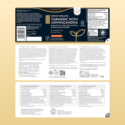 A product information sheet for 'nutra176' 2100mg Organic Turmeric with Ashwagandha KSM-66 capsules. The top section shows the product packaging label, which is dark navy blue with gold and white text and graphics.