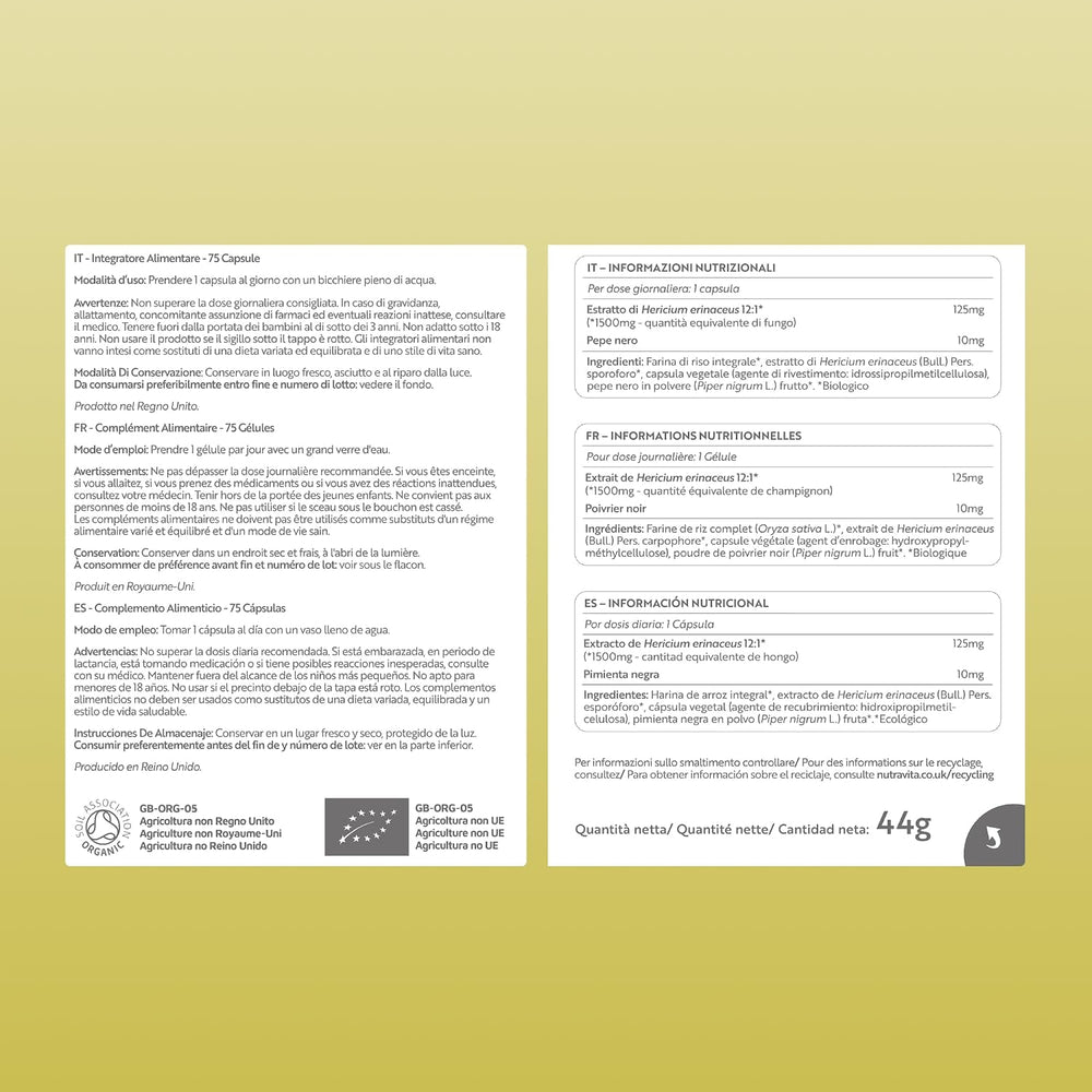 A product information card in Italian on a pale yellow background, showing nutritional facts, ingredients, and allergens for a 4g food product. The card is white with black text and includes EU-EBE and European Organic Agriculture certification logos at the bottom.