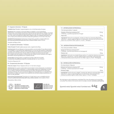 A product information card in Italian on a pale yellow background, showing nutritional facts, ingredients, and allergens for a 4g food product. The card is white with black text and includes EU-EBE and European Organic Agriculture certification logos at the bottom.