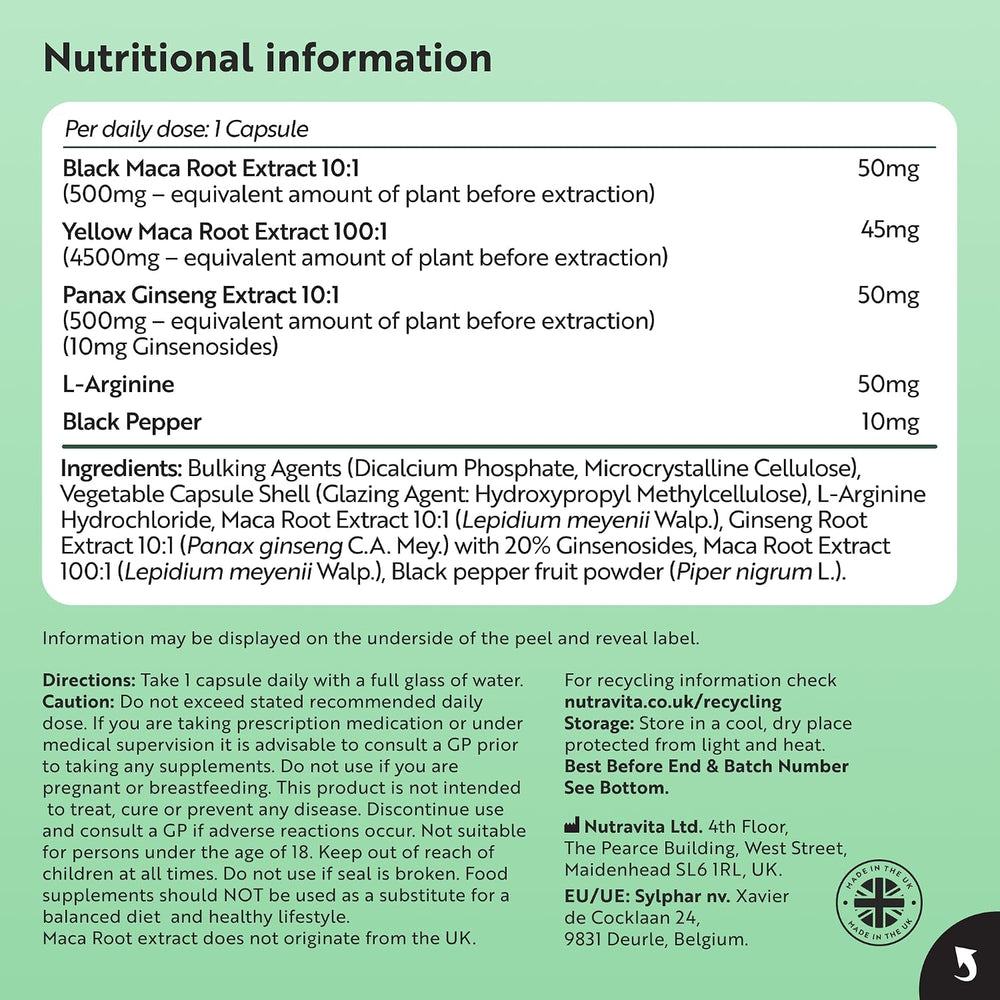 A white information panel with black text detailing the nutritional information and ingredients of a dietary supplement. The panel lists daily doses for Black Maca Root Extract 10:1, Yellow Maca Root Extract 10:1, Panax Ginseng Extract 10:1, L-Arginine, and Black Pepper, along with ingredients and directions.