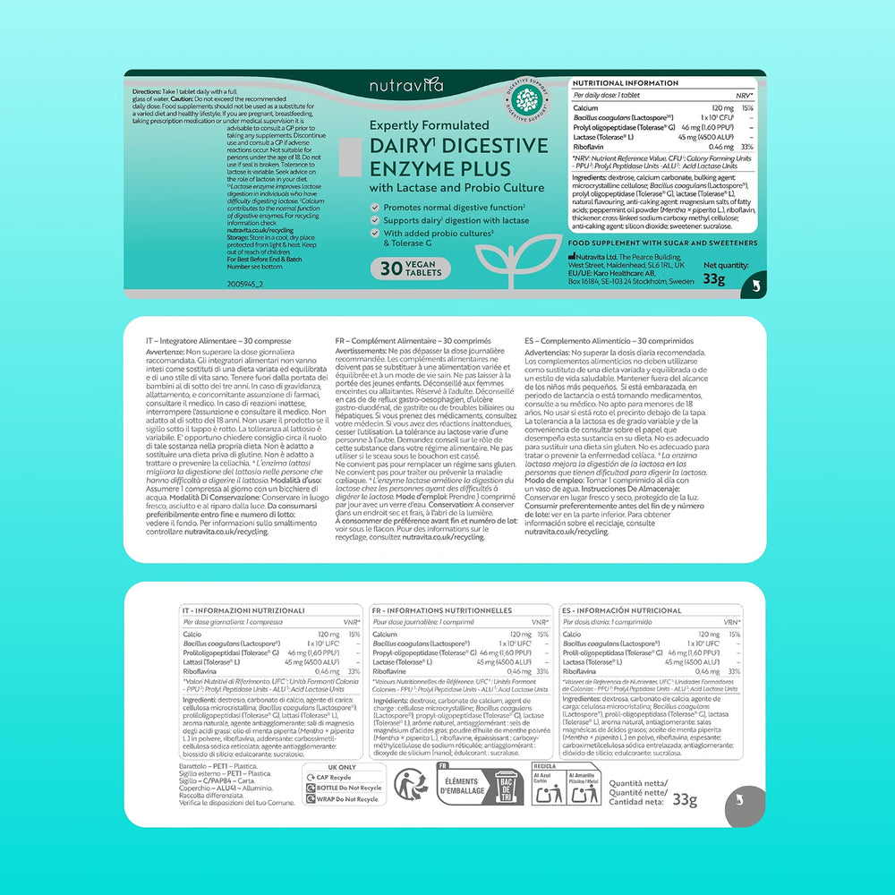 A product packaging and label layout for Nutravay Dairy Digestive Enzyme Plus, shown on a bright aqua background. The top section shows the main label design with product name, ingredients, usage, and nutrition facts.