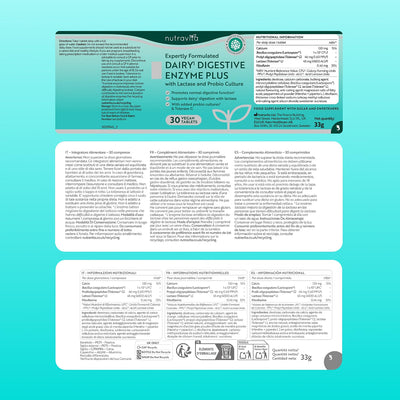 A product packaging and label layout for Nutravay Dairy Digestive Enzyme Plus, shown on a bright aqua background. The top section shows the main label design with product name, ingredients, usage, and nutrition facts.