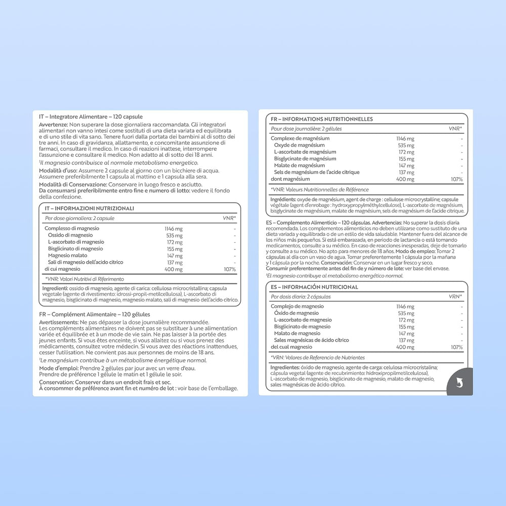 A two-page informational supplement sheet in Italian for VEVYN Magnesium supplements, featuring product descriptions, ingredients, and nutritional information on a light blue background.