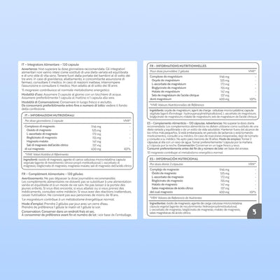 A two-page informational supplement sheet in Italian for VEVYN Magnesium supplements, featuring product descriptions, ingredients, and nutritional information on a light blue background.