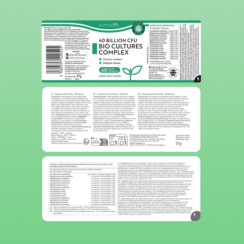 Front and back views of a supplement package label for 'nutravivo 40 Billion CFU Bio Cultures Complex', displayed on a solid light green background.