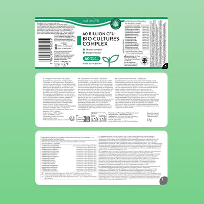 Front and back views of a supplement package label for 'nutravivo 40 Billion CFU Bio Cultures Complex', displayed on a solid light green background.