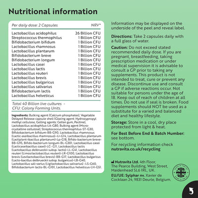 A green information card with black text detailing the nutritional information, directions, ingredients, storage, and contact details for CFU Colony Forming Units of various Lactobacillus and Bifidobacterium cultures.