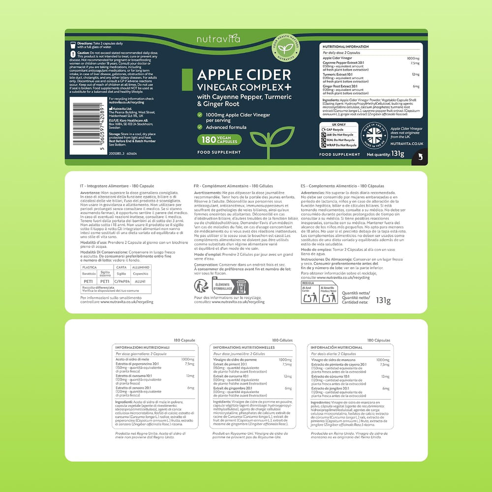A flat lay of a NutraVita Apple Cider Vinegar Complex+ food supplement label, showing the back packaging with ingredients, nutrition facts, and usage information on a light green background.
