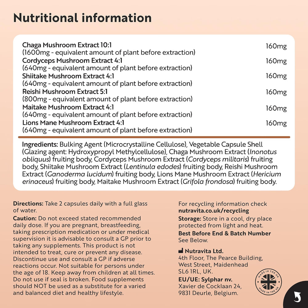 A text-heavy product information panel for a mushroom extract supplement. The panel lists nutritional information and ingredients for Chaga Mushroom Extract 10:1, Cordyceps Mushroom Extract 4:1, Shilake Mushroom Extract 4:1, Reshishi Mushroom Extract, Lions Mane Mushroom Extract, and Maitake Mushroom Extract 4:1, along with directions and a recycling note.