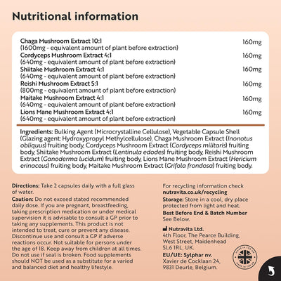 A text-heavy product information panel for a mushroom extract supplement. The panel lists nutritional information and ingredients for Chaga Mushroom Extract 10:1, Cordyceps Mushroom Extract 4:1, Shilake Mushroom Extract 4:1, Reshishi Mushroom Extract, Lions Mane Mushroom Extract, and Maitake Mushroom Extract 4:1, along with directions and a recycling note.