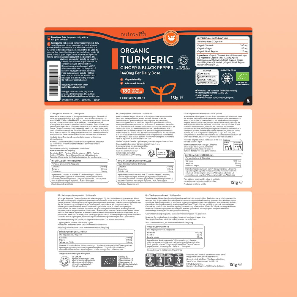 Nufra Organic Turmeric Ginger and Black Pepper label on a peach background