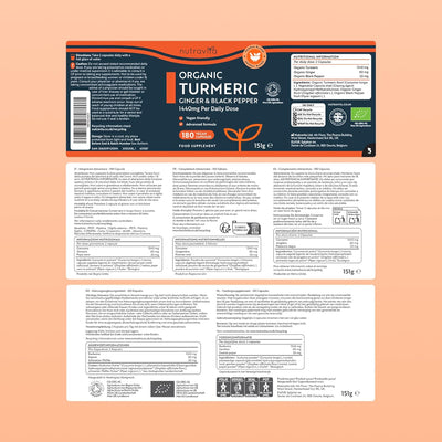 Nufra Organic Turmeric Ginger and Black Pepper label on a peach background