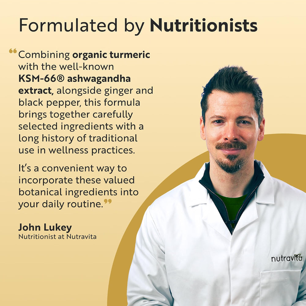 Promotional graphic for a nutrition supplement featuring a portrait of John Lukey, a nutritionist at Nutravita, wearing a white lab coat. The graphic includes a quote about the supplement's ingredients (turmeric, KSM-66 ashwagandha, ginger, and black pepper) on a beige background with a gold circular accent.
