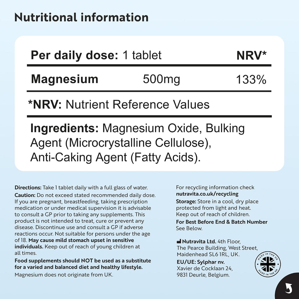 A light blue and white product information card detailing the nutritional information, directions, ingredients, and recycling instructions for a magnesium supplement.