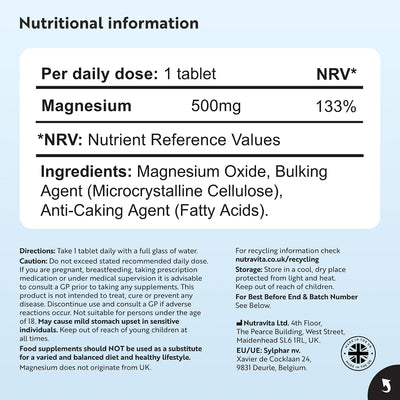 A light blue and white product information card detailing the nutritional information, directions, ingredients, and recycling instructions for a magnesium supplement.