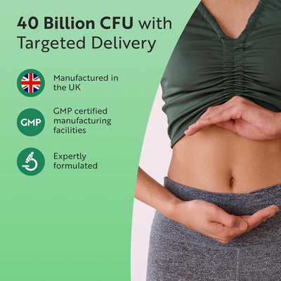 Promotional graphic for a targeted delivery supplement, showing a woman lifting her top to reveal her midsection. The left side features a light green background with text reading '40 Billion CFU with Targeted Delivery' and icons for 'Manufactured in the UK', 'GMP', and 'Expertly formulated'.