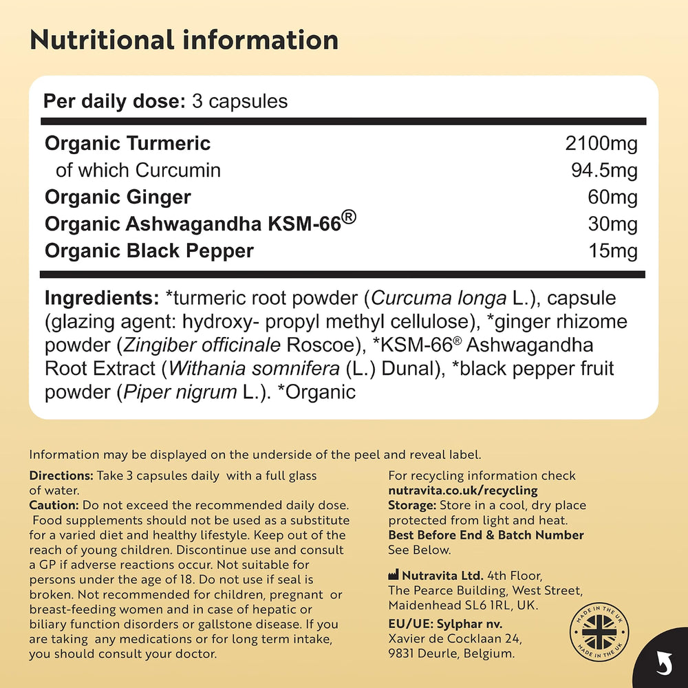 A close-up of a product label showing 'Nutritional information' in a white table with black text on a dark background. The label includes supplement ingredients such as Organic Turmeric, Organic Ginger, Organic Ashwagandha KSM-66®, Organic Black Pepper, and directions for use, with the brand Nutrivita visible near the bottom.