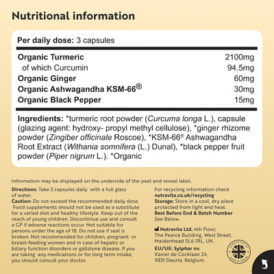A close-up of a product label showing 'Nutritional information' in a white table with black text on a dark background. The label includes supplement ingredients such as Organic Turmeric, Organic Ginger, Organic Ashwagandha KSM-66®, Organic Black Pepper, and directions for use, with the brand Nutrivita visible near the bottom.