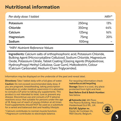 A rectangular product information label with a white background and black text, headed 'Nutritional information' and showing a per daily dose table with potassium, chloride, calcium, magnesium, and sodium amounts. It includes directions, a caution, and Nutritra 3D branding at the bottom.