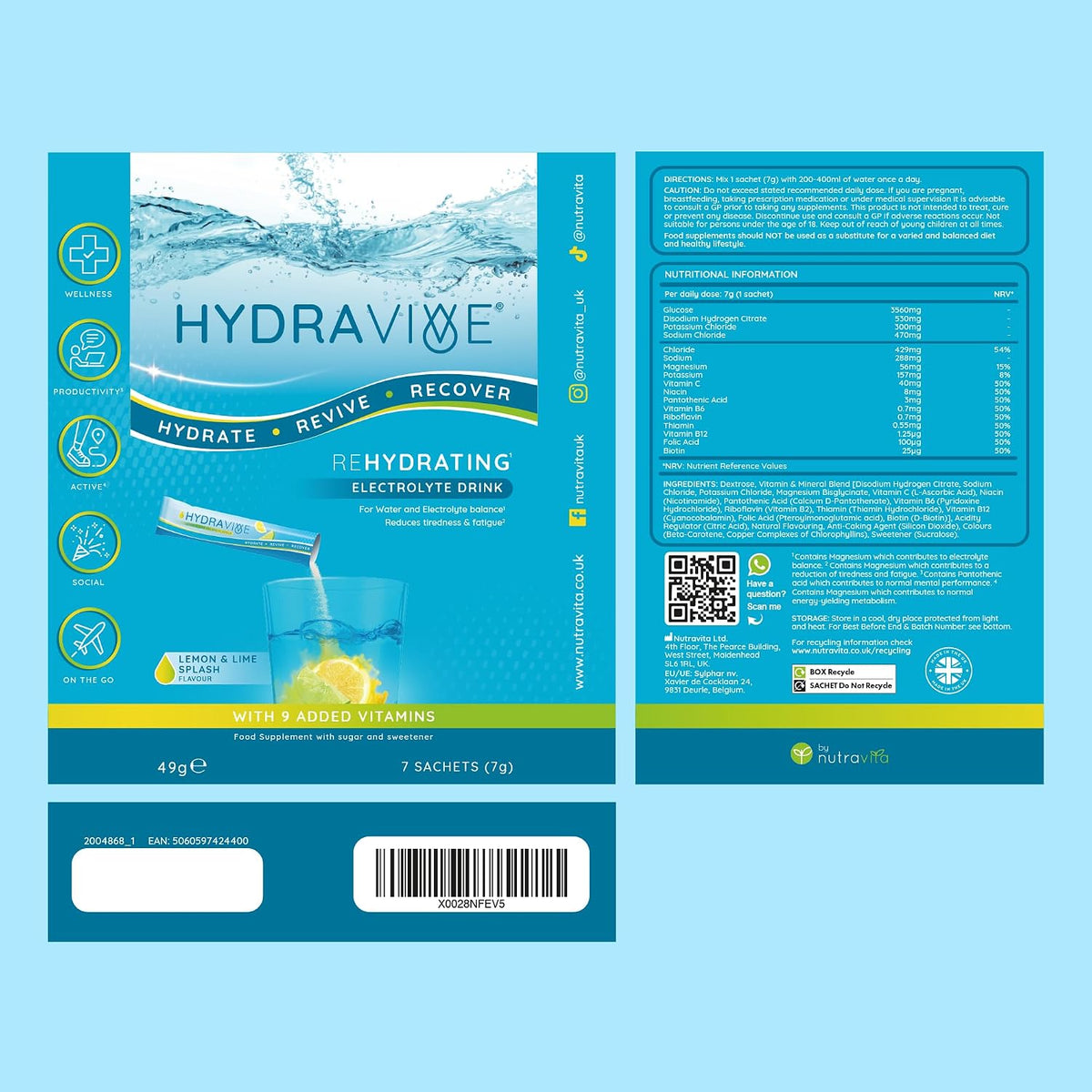 Hydravive Rapid Rehydration Electrolytes Powder - 7 Pack Lemon & Lime