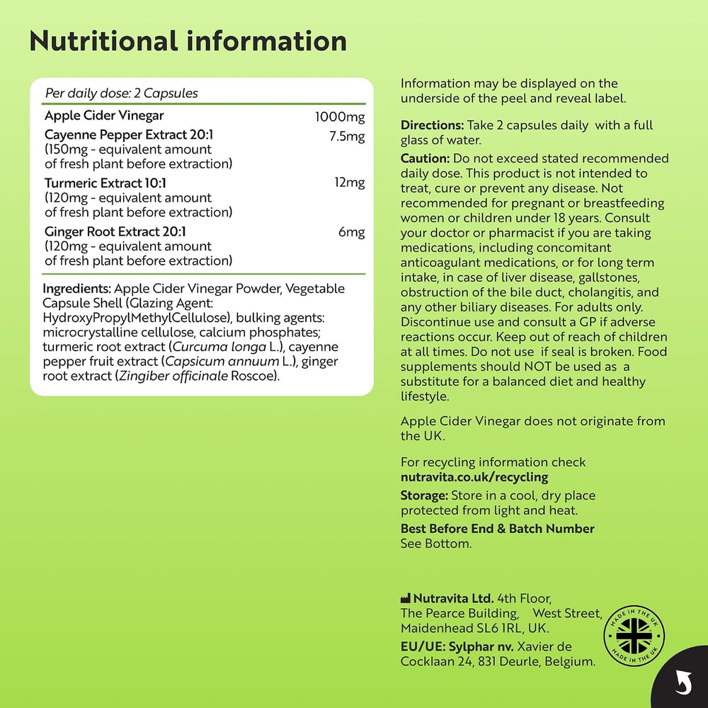 A green and white product information card detailing the nutritional facts, directions, ingredients, and recycling info for Nutrivita Apple Cider Vinegar Powder and other herbal supplement capsules.