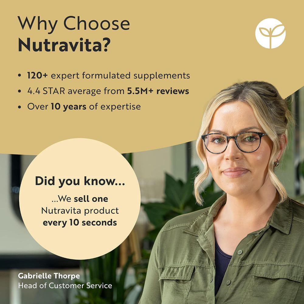 Promotional image for Nutravita featuring a woman and text about the company's products and expertise.