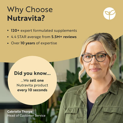 Promotional image for Nutravita featuring a woman and text about the company's products and expertise.