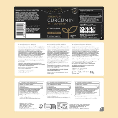 The back and bottom of a Nutrivita Premium Curcumin with Bioperine 100 capsules package, showing extensive text in Spanish, a barcode, and a white section with usage, storage, and nutrition information, set against a solid beige background.