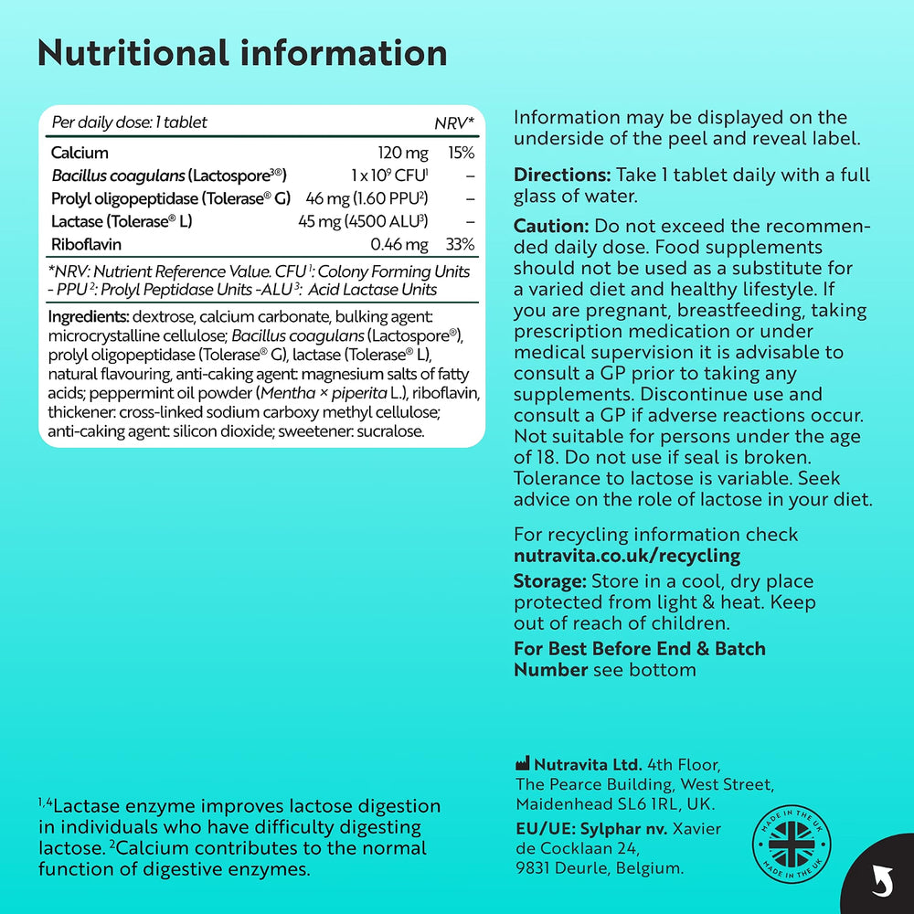 A digital informational sheet displaying the 'Nutritional information' label for Nutrivita Lactose. The sheet features a table detailing the calories, calcium, probiotics, and lactose content per daily dose, alongside an 'NRV' column and a 'Directions' and 'Caution' section.