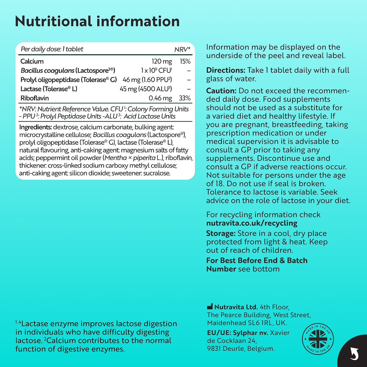 A digital informational sheet displaying the 'Nutritional information' label for Nutrivita Lactose. The sheet features a table detailing the calories, calcium, probiotics, and lactose content per daily dose, alongside an 'NRV' column and a 'Directions' and 'Caution' section.