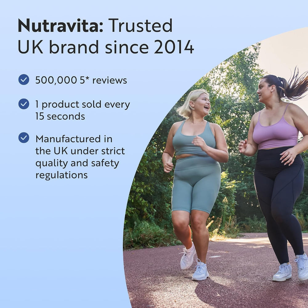 Two women running outdoors with Nutravita branding and product details on a blue background.