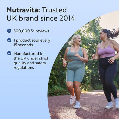 Two women running outdoors with Nutravita branding and product details on a blue background.