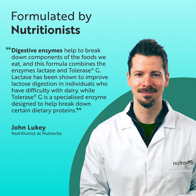 Promotional graphic for Nutravita digestive enzymes featuring a portrait of nutritionist John Lukey on the right and text on the left explaining the formula's use by nutritionists. John is wearing a white lab coat with the Nutravita logo on the pocket, set against a bright turquoise background with a dark green curved accent shape.