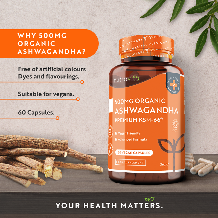 Organic Ashwagandha 500mg KSM 66 - 60 Vegan Capsules