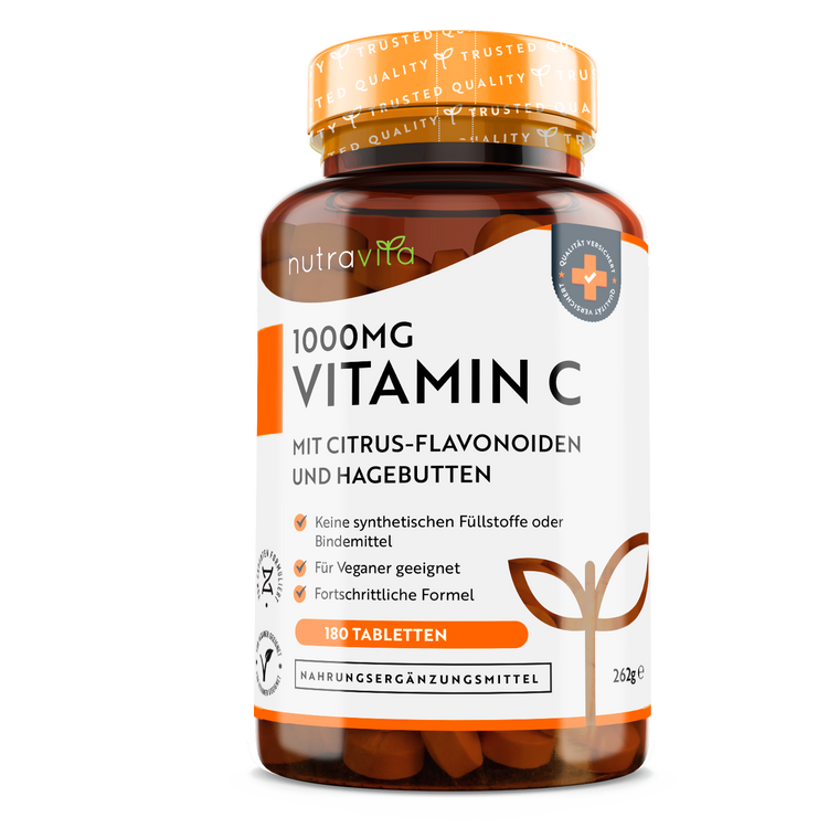 Vitamin C 1000mg mit Bioflavonoiden und Hagebutte 180 Vegane Tabletten