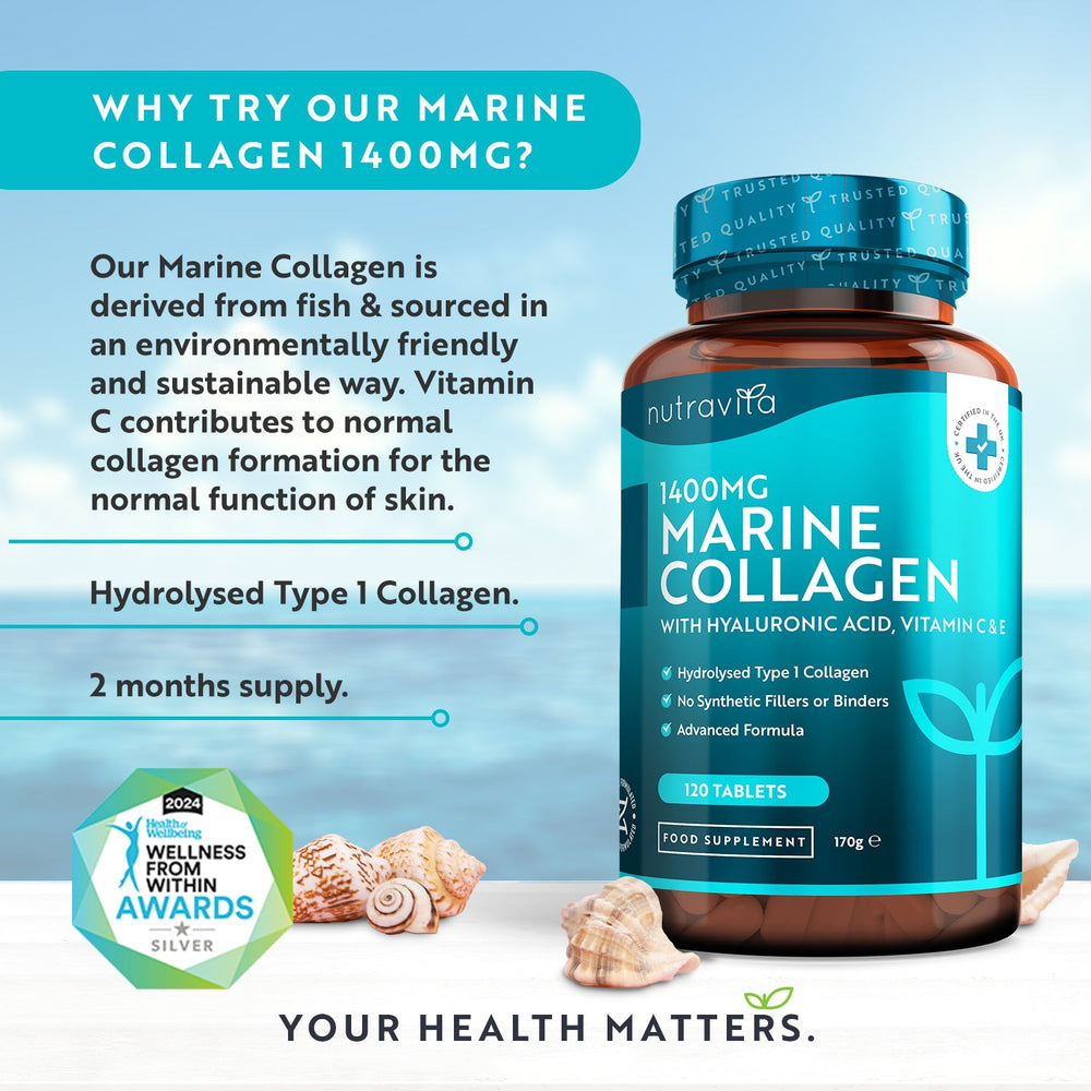 Marine Collagen supplement bottle with product details and branding on a light blue background