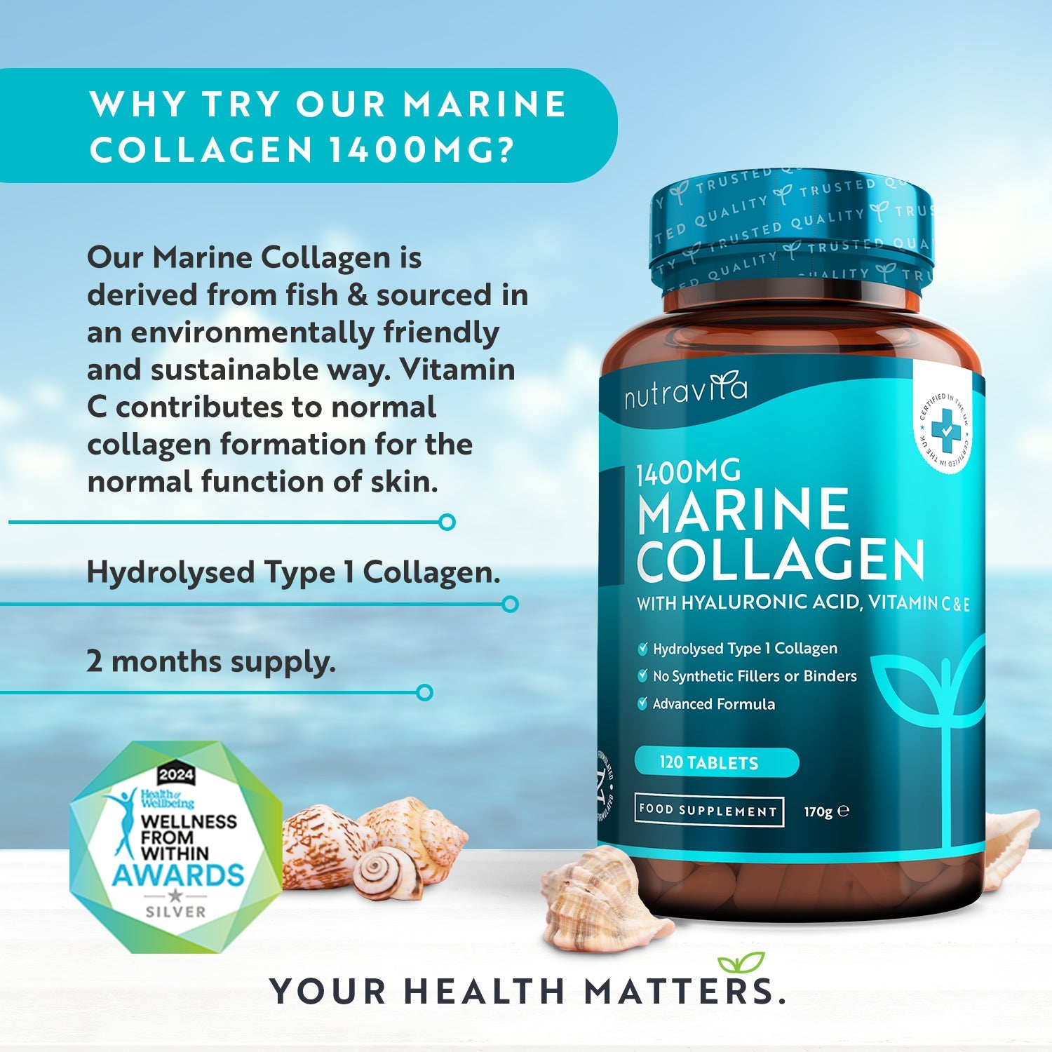 Marine Collagen supplement bottle with product details and branding on a light blue background