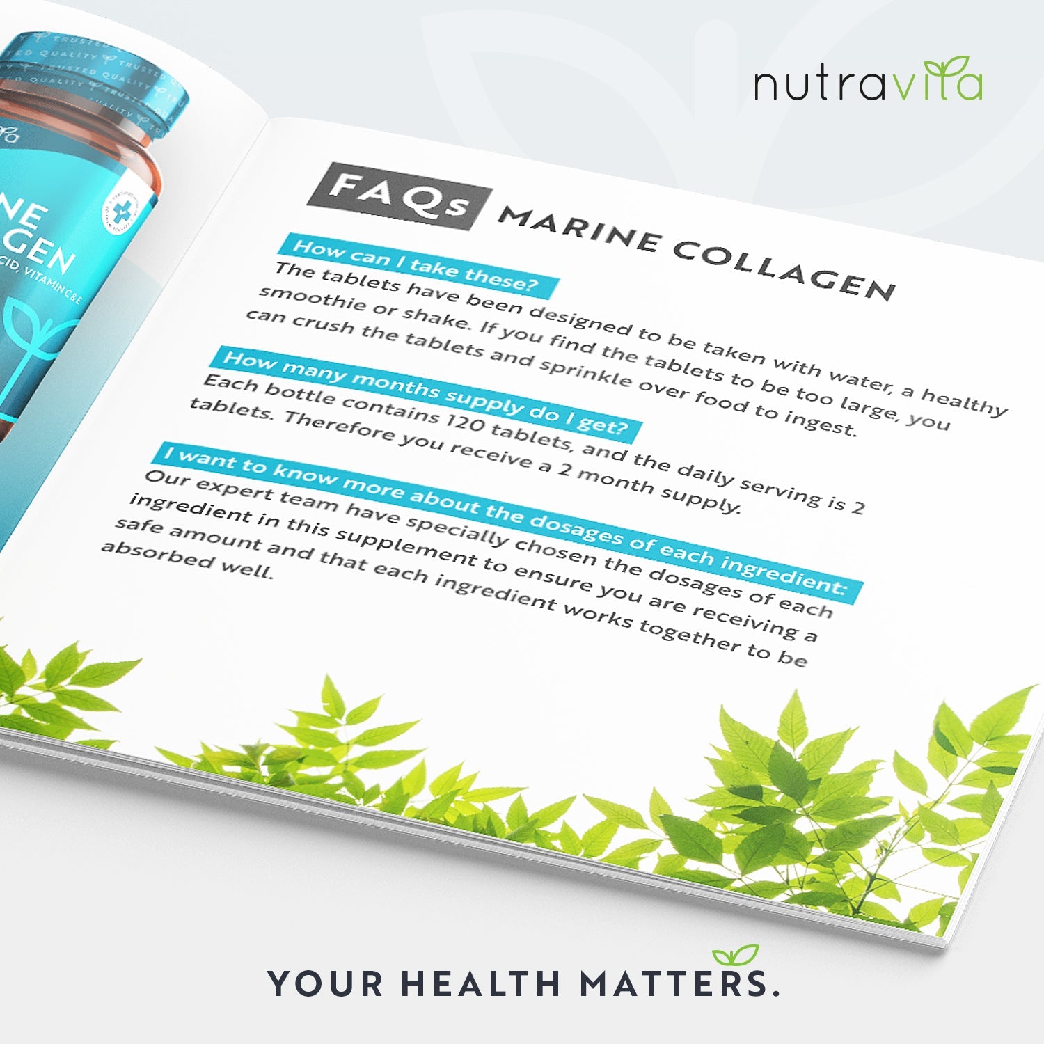 Open book with Nutravita marine collagen supplement information 