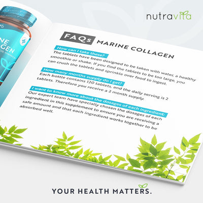 Open book with Nutravita marine collagen supplement information 