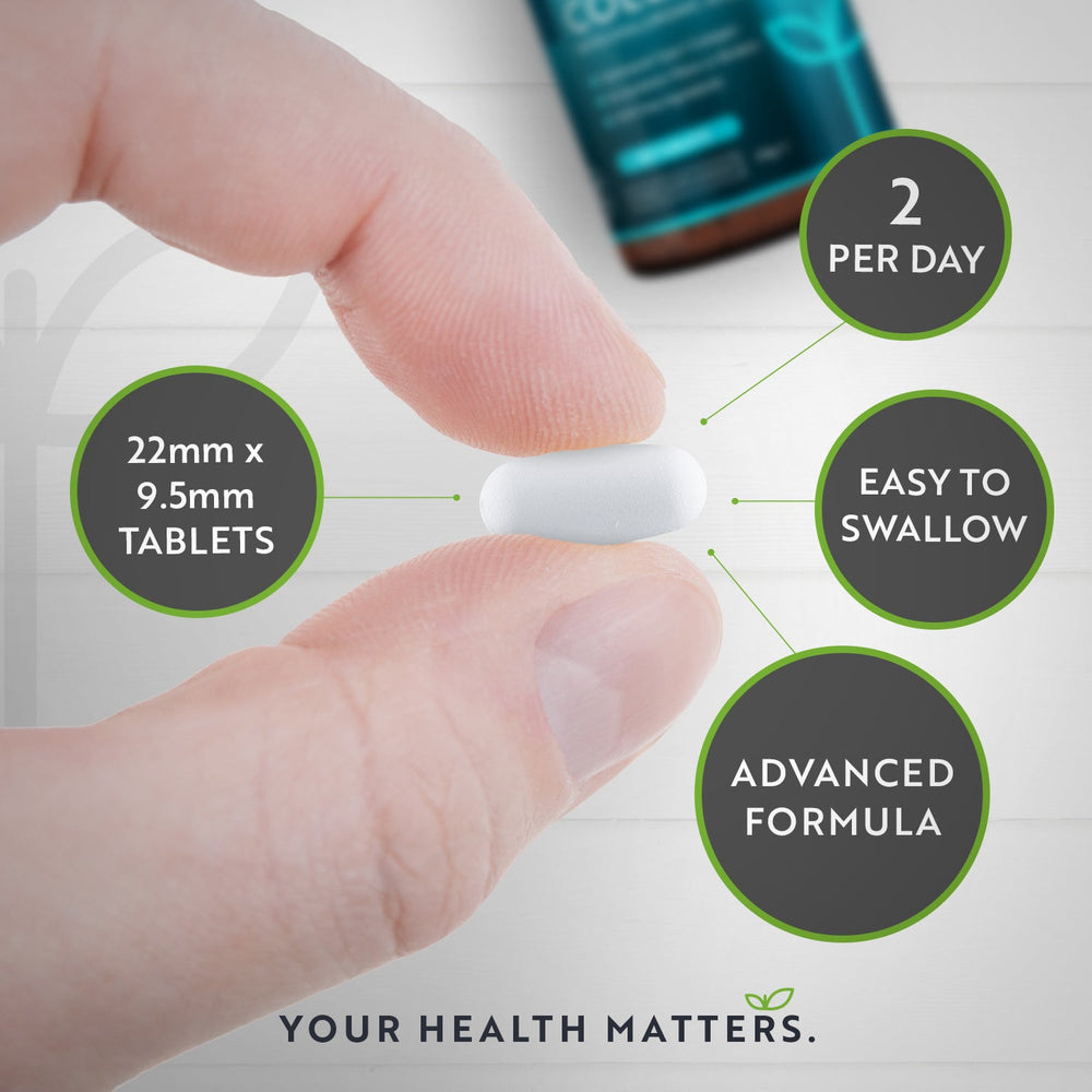 Hand holding a tablet with product details on a white background