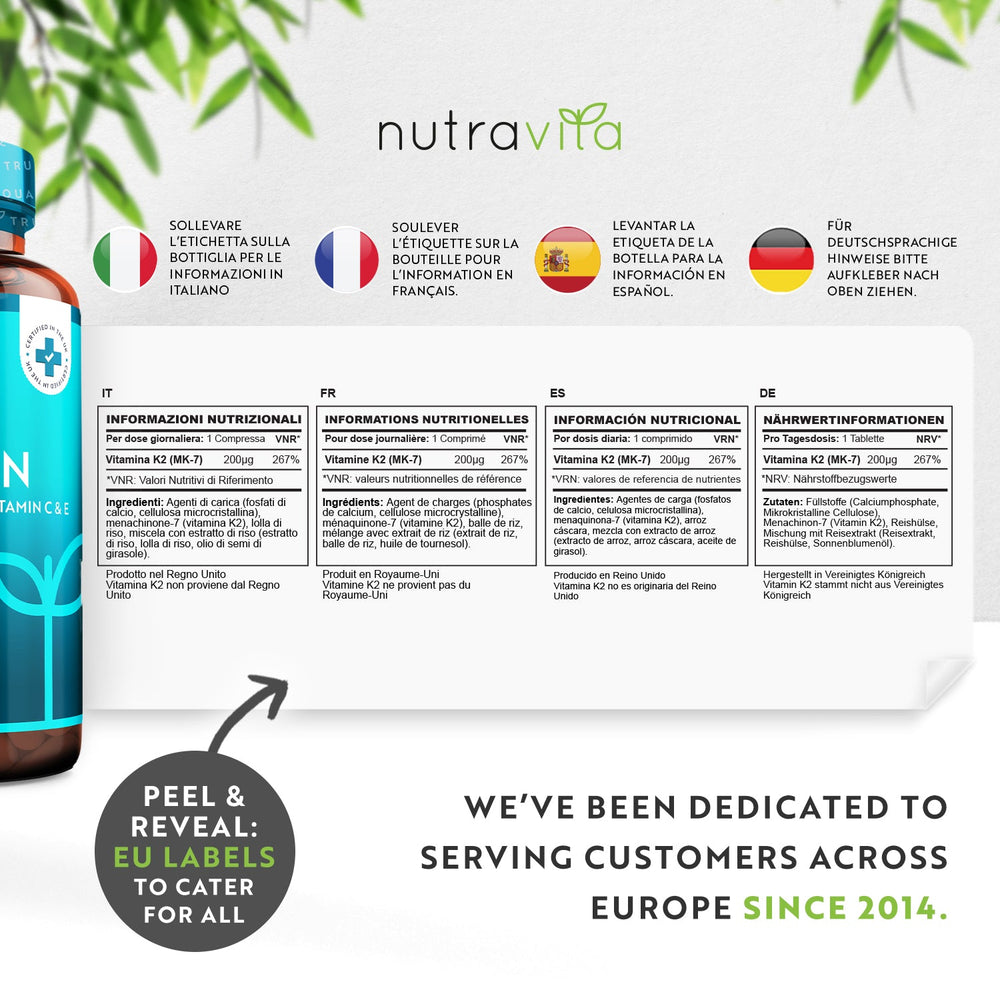 Nutravita product with nutritional information labels in multiple languages on a white background.