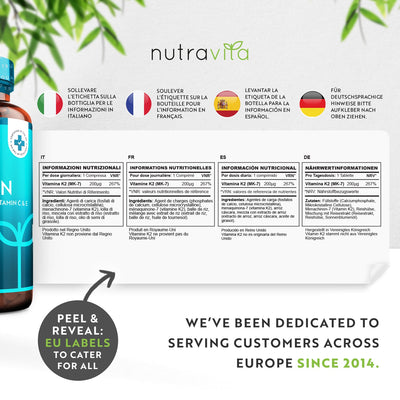 Nutravita product with nutritional information labels in multiple languages on a white background.