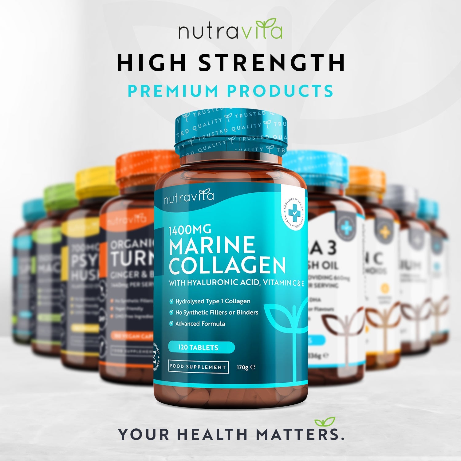 Nutravita high strength premium product packaging showing marine collagen 