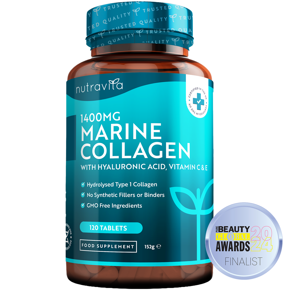 Nutravita marine collagen supplement bottle with blue label on a white background