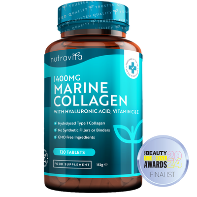 Nutravita marine collagen supplement bottle with blue label on a white background