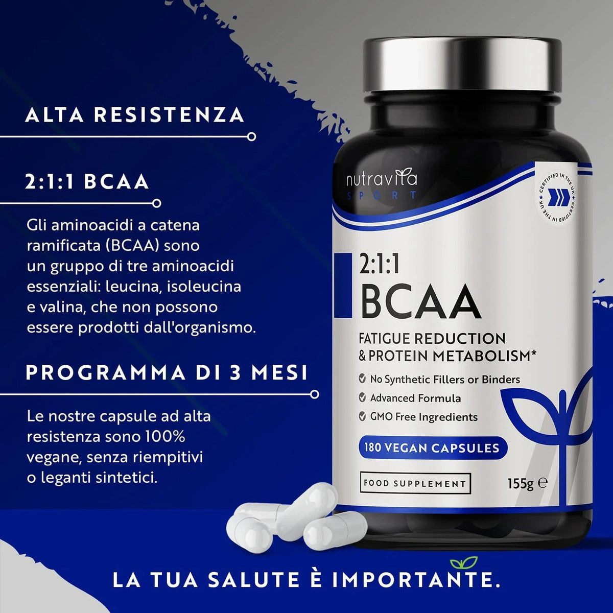 BCAA High Strength 1000mg 2:1:1 - 180 Vegan Capsules - NLR